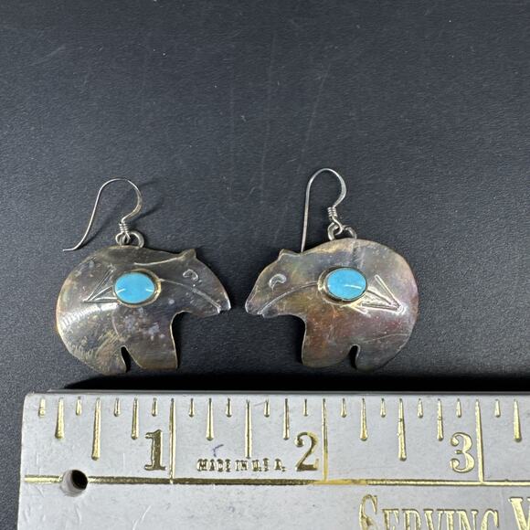 Native American Earrings Sterling Silver Bear Shaped Turquoise Stamped H. Wood - Picture 9 of 12